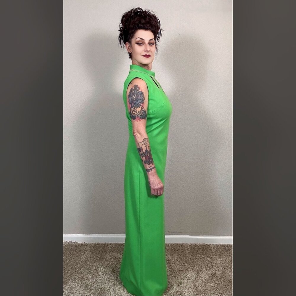 60s Bright Green Maxi Sheath Column Dress Rhinestone MCM Mod Rockabilly Pinup M - Picture 6 of 15